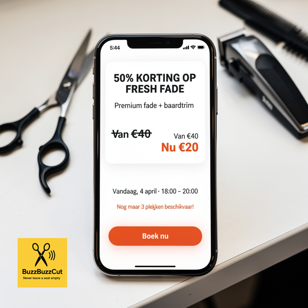 Mobiele app met korting op fade via kappers boekingsapp met boek nu knop