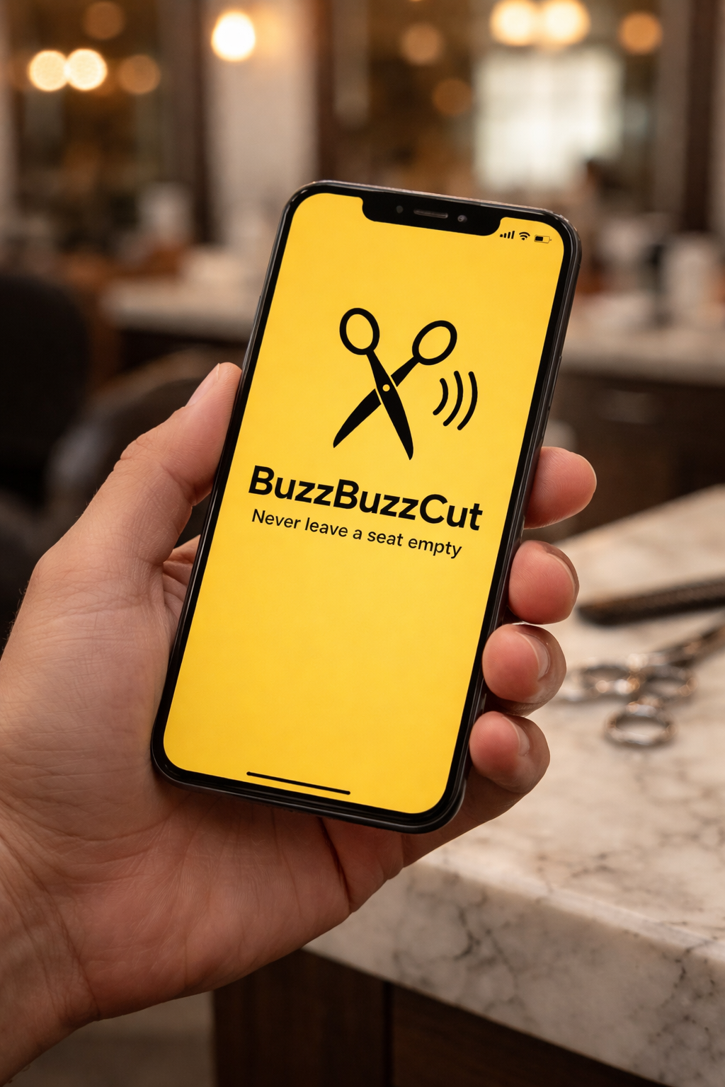 BuzzBuzzcut kappers boekingsapp op smartphone met logo en slogan never leave a seat empty