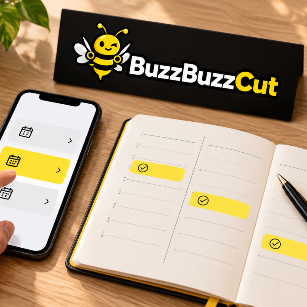 Buzzbuzzcut-app met beschikbare afspraken naast een agenda met ingeplande tijdsloten.