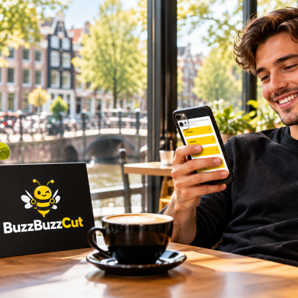 Man gebruikt Buzzbuzzcut op zijn smartphone om een beschikbare kapper te zoeken.