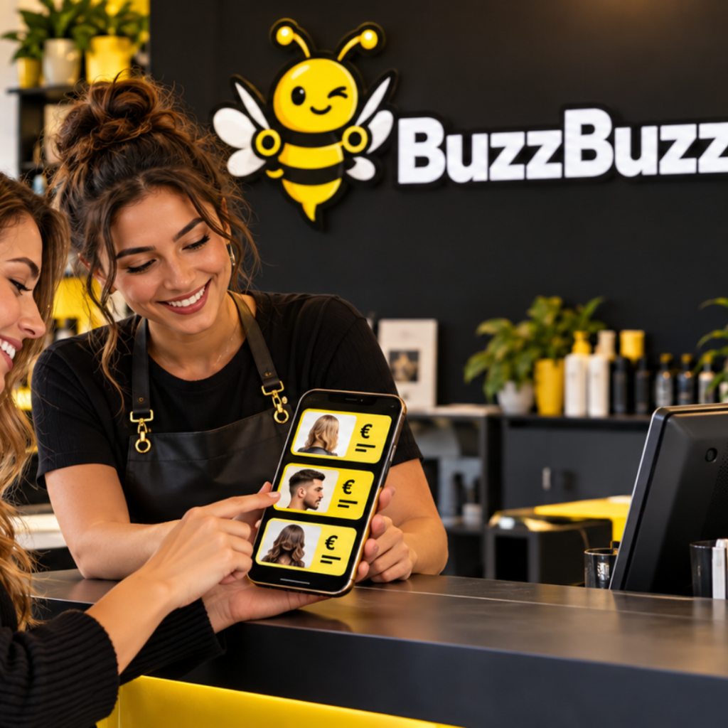 Klant en kapster bekijken via Buzzbuzzcut kapsels en prijzen op een smartphone in de kapsalon.