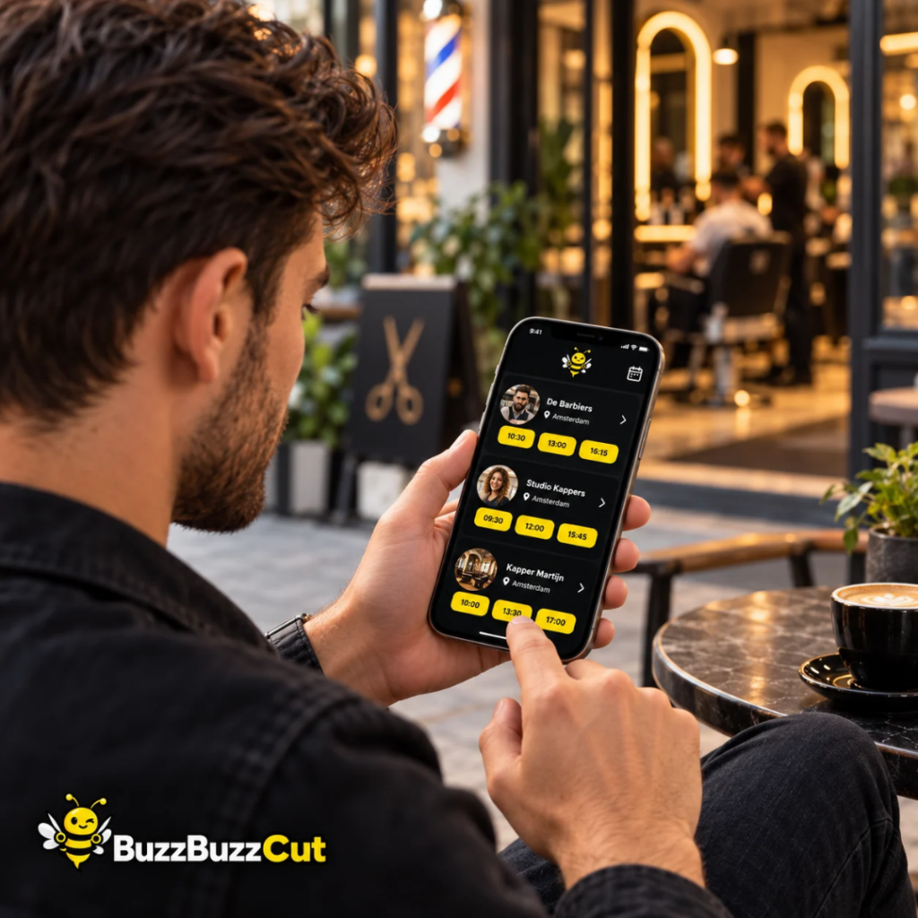 Klant bekijkt beschikbare kappers, locaties en tijdstippen in de BuzzBuzzCut-app