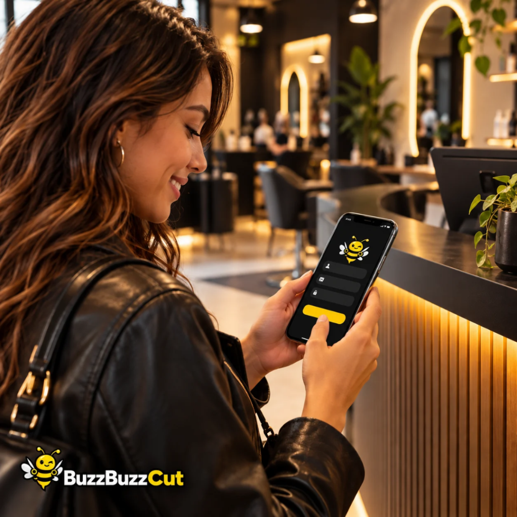 Klant meldt zich via een smartphone aan voor de BuzzBuzzCut-app in een kapsalon
