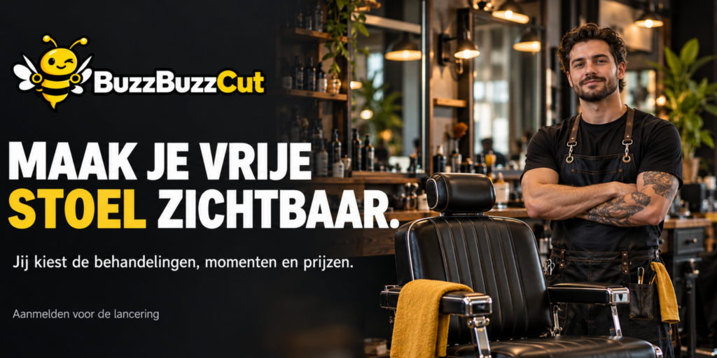 BuzzBuzzCut-banner met een barbier naast een lege stoel en de tekst: ‘Maak je vrije stoel zichtbaar. Jij kiest de behandelingen, momenten en prijzen.’