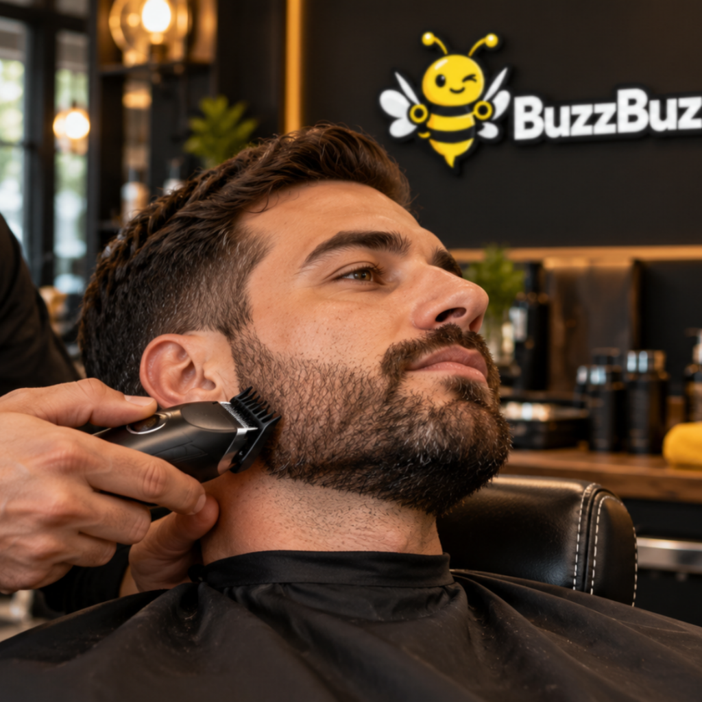 Barbier trimt de baard van een klant met een elektrische trimmer met opzetkam in een barbershop met het BuzzBuzzCut-logo.