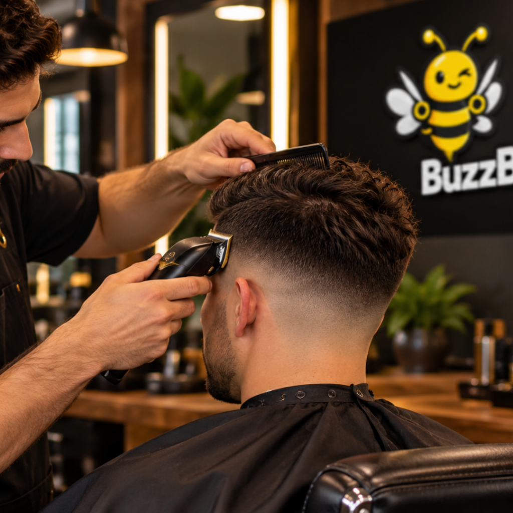 Barbier werkt een skin fade bij met een tondeuse en kam, met het BuzzBuzzCut-logo op de achtergrond.