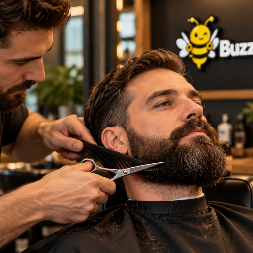 Barbier knipt een volle baard met schaar en kam, met het BuzzBuzzCut-logo op de achterwand.