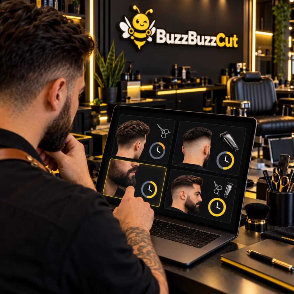 Barbier bekijkt knip- en baardbehandelingen met klokiconen op een laptop in een zwart-gele barbershop met BuzzBuzzCut-logo.