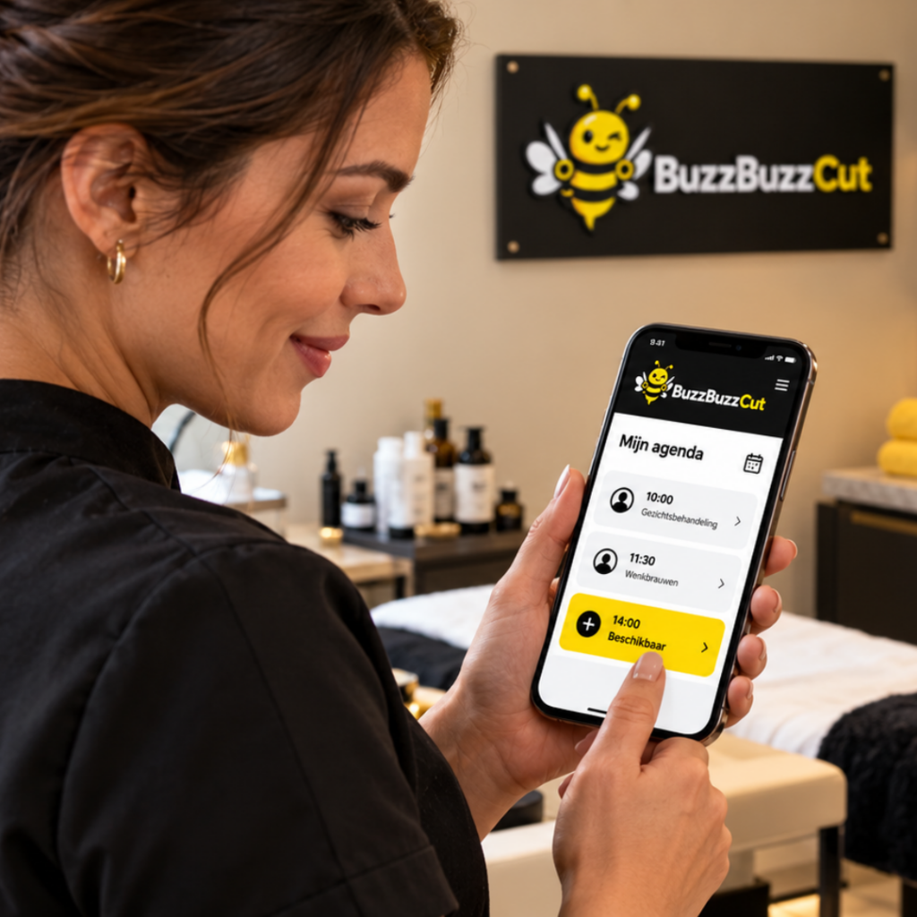 Salonondernemer bekijkt op haar smartphone een agenda met een geel gemarkeerd beschikbaar moment en het BuzzBuzzCut-logo.