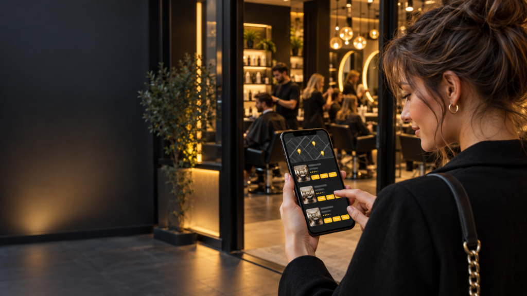 Vrouw gebruikt de BuzzBuzzCut-app om bij een moderne kapsalon een beschikbare kapper en afspraak te vinden.